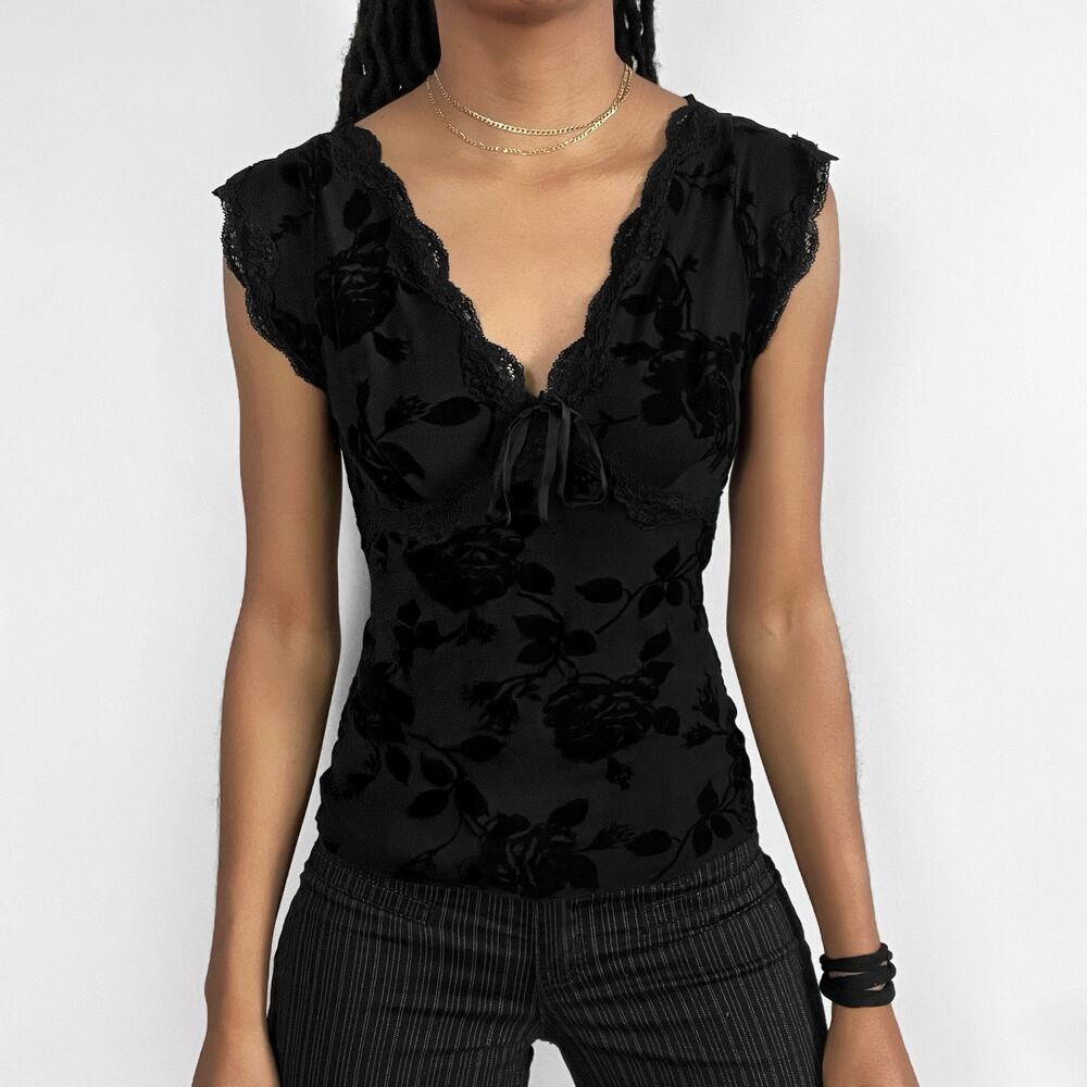 Y2K Ann Ferriday Black V Neck Embossed Floral Rose Womens Blouse Top Gothic Goth